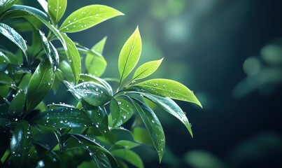 Fresh green tropical leaves placed against a rich dark background, soft natural light creating a bold and refreshing botanical composition