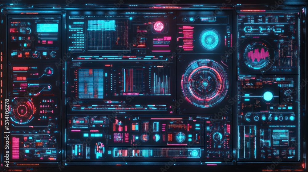 Poster futuristic electronic control panel displaying data with neon lights