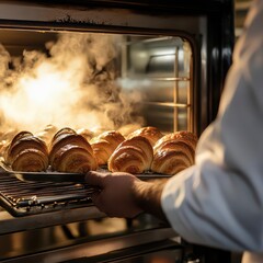 A pastry chef pulls a tray of golden-brown croissants from a professional oven, steam rising in the air.