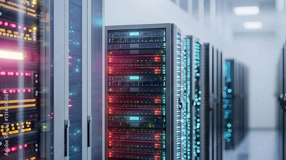 Poster modern data center with server racks and network connectivity in futuristic technology environment