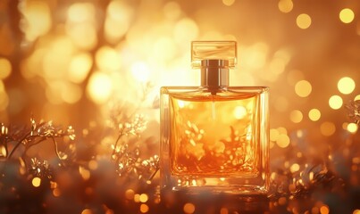 Modern perfume bottle glowing under soft golden light, surrounded by bokeh effects in warm tones. Crisp textures and luxurious design dominate,