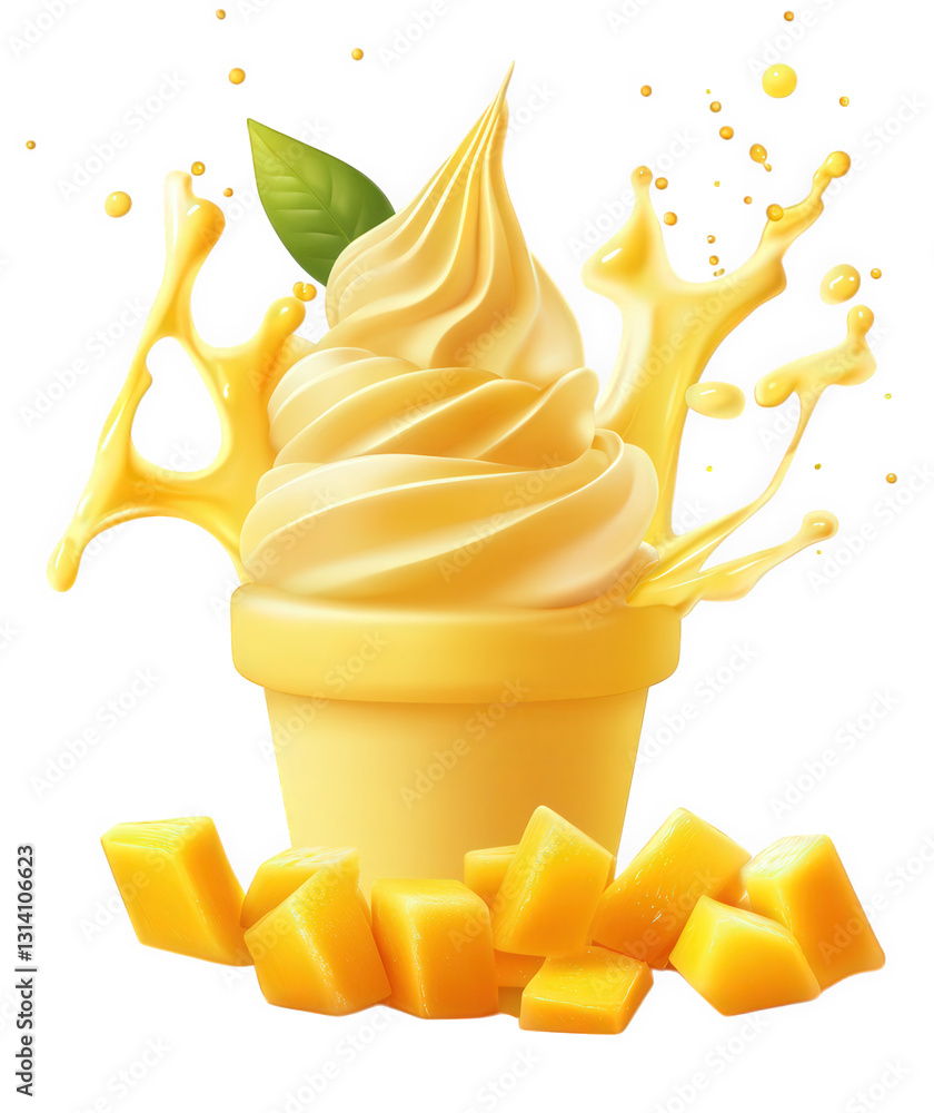 Poster soft-serve ice cream in a yellow cup splashed with mango juice surrounded by fresh mango cubes evoki
