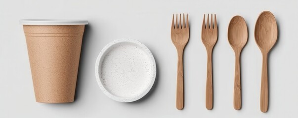 sustainable packaging design compostable product, Disposable cup and wooden utensils arranged on a light background, emphasizing eco-friendly dining solutions.