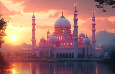 Naklejka premium Stunning Mosque with Domes and Minarets Reflecting in a Serene Lake at Sunset