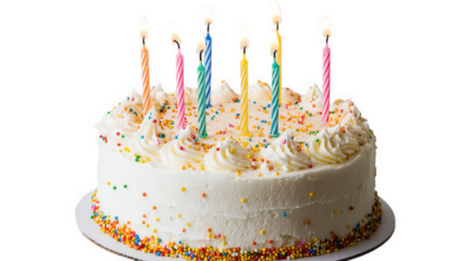 a festive birthday cake adorned with colorful candles and sprinkles ready for celebration the candles are lit symbolizing a birthday wish
