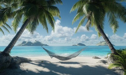 Fototapeta premium Relaxing tropical beach view with a hammock strung between two palm trees, turquoise ocean and distant islands in the background,