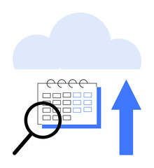 Magnifying glass highlights calendar under cloud with upward arrow. Ideal for scheduling, productivity, cloud services, task planning, analytics, time management, file upload. Flat simple metaphor