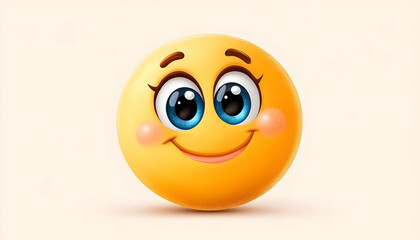 Cute yellow smiling emoji with rosy cheeks, big blue eyes, on a soft white background