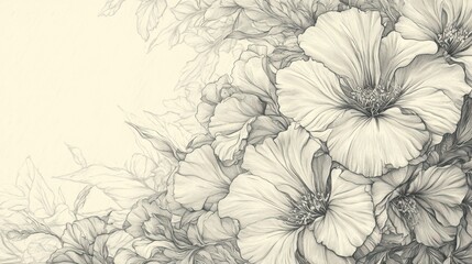 Artistic pencil sketch of blooming flowers and leafy foliage