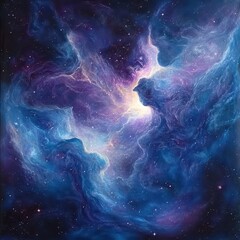 Obraz premium A mesmerizing painting of a vibrant blue and purple nebula, swirling with ethereal clouds of gas and dust, set against a backdrop of twinkling stars that illuminate the cosmos.