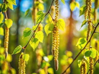 Obraz premium Aerial view: vibrant young birch leaves and catkins unfurl in early summer, softly focused.