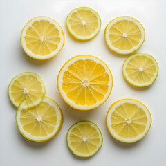 Top view sliced and full fresh lemon sour and juicy on white citrus fruit tropical juice