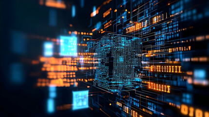 Fototapeta premium Abstract Blue and Orange Binary Code Matrix Background Visualizing Digital Technology and Futuristic Network