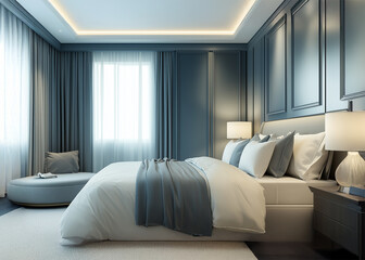 bedroom in hotel with blue fabric