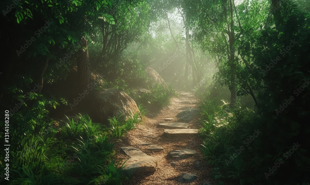 Aufkleber scenic forest path with golden light filtering through dense trees, soft mist creating depth and mys