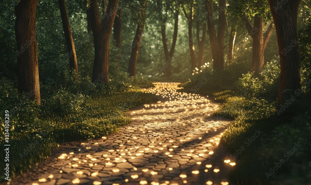 Poster scenic forest pathway lit by golden evening light, soft shadows of tall trees casting intricate patt