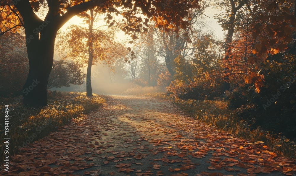 Poster scenic pathway covered in fallen autumn leaves, golden light filtering through the trees creating a 