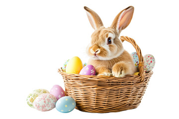 Easter bunny inside wicker basket with vibrant eggs