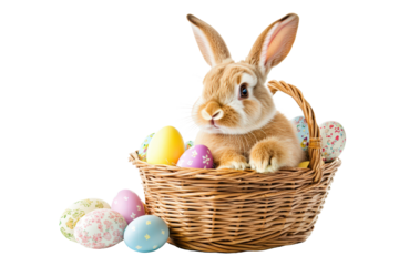 Easter bunny inside wicker basket with vibrant eggs