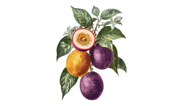 Vector passion fruit, botanical illustration, transparent background, tropical fruit, vintage drawing, hand-sketched, exotic edible plant, natural food, organic garden fruit