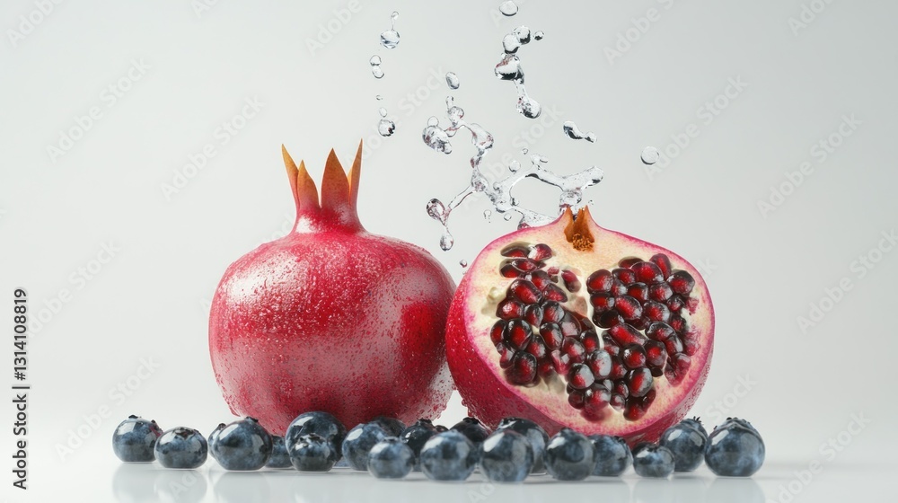 Poster fresh pomegranates sliced open surrounded by blueberries and splashing water