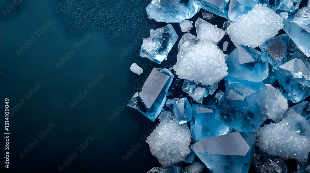Poster close up of sparkling translucent blue and white ice fragments on dark background with copy space