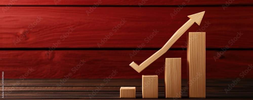 Poster startup growth pitching concept. wooden graph bars with an upward arrow on a rustic background.