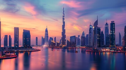 A panoramic cityscape view of Dubai, UAE, at dusk with the Burj Khalifa dominating the skyline.