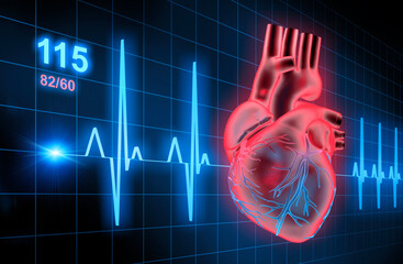 Medical 3D rendering of a blue x-ray human heart with blue background and ECG graph