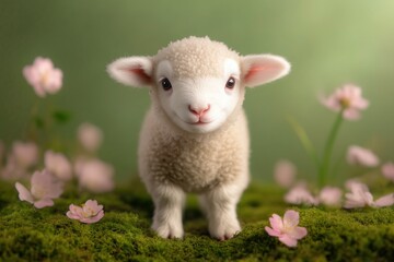 Obraz premium Cute baby lamb standing on green moss surrounded by pink flowers in a serene garden setting