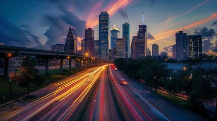 Fototapeta premium A long exposure shot of a highway in Houston at dusk with the city skyline in the background.