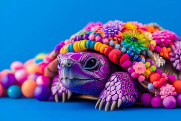 Decorated turtle. Bright colors. Flowers and beads on its shell. Playful. Blue background