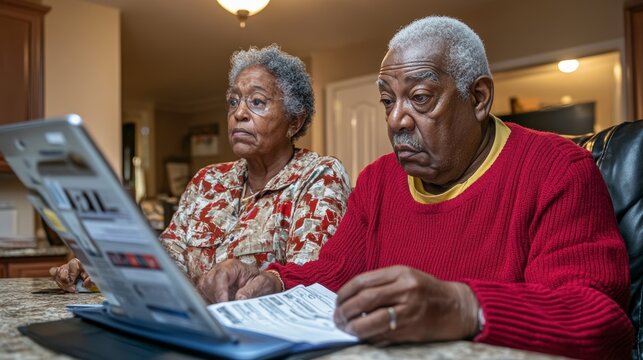 In the heart of their cozy home, an elderly African American couple diligently gathers around a modern laptop, poised to navigate the complexities of filing their annual taxes With focused - Powered by Adobe