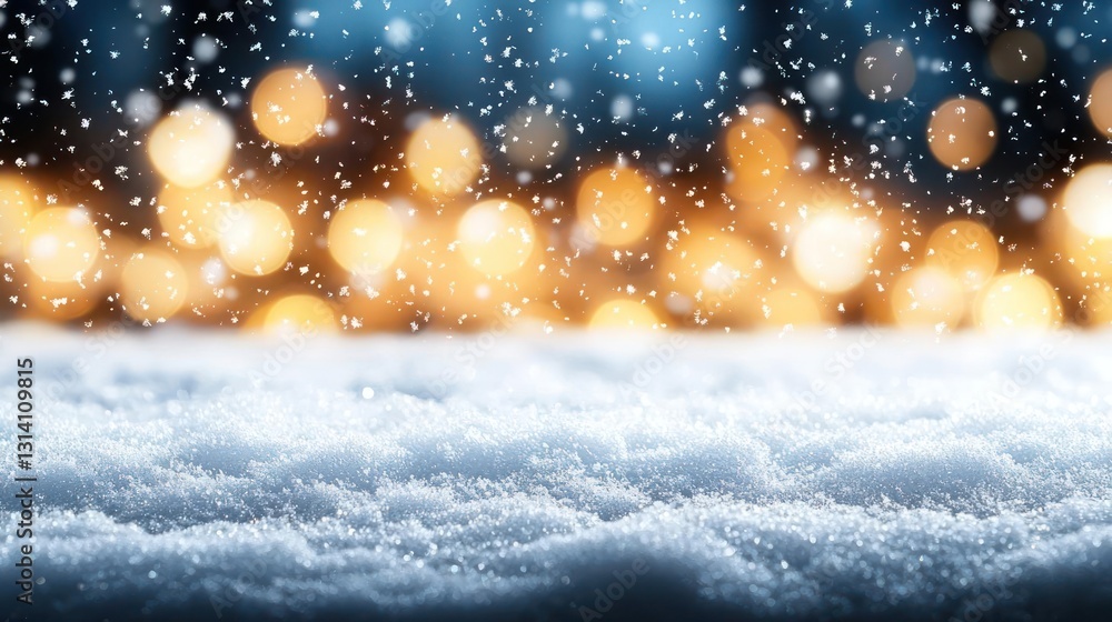 Aufkleber close up view of snow covered surface with bokeh lights and falling snowflakes in blue background