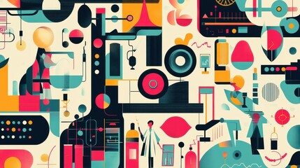 Obraz premium Vibrant illustration featuring an array of whimsical objects, including flowers, stars, and geometric shapes, arranged in a lively, colorful pattern that captivates the eye.