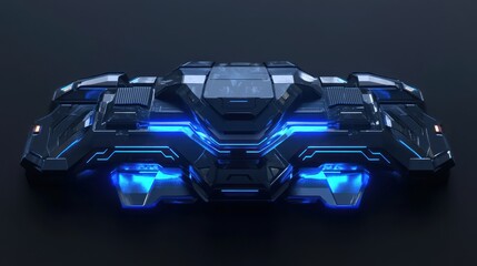 A futuristic space vehicle with neon blue glowing accents details