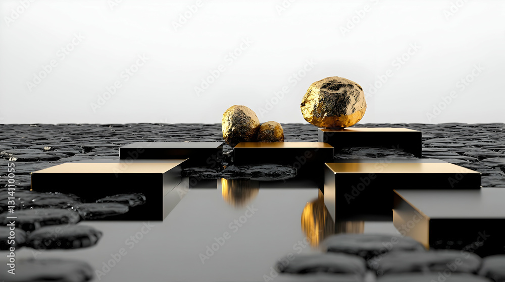 Poster 3d render of a luxurious black and gold podium on a reflective surface with textured stone backgroun