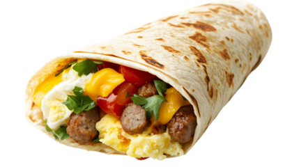 A breakfast wrap filled with eggs, cheese, and sausage, isolated on transparent background --ar 16:9