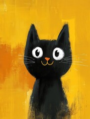 black cat face drawn in crayon, with a happy expression while squeezing toward the viewer, set against a bright