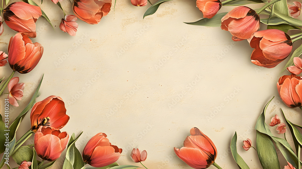 Poster rectangular frame with a border of blooming tulips