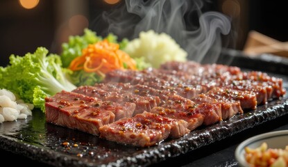 A close-up of sizzling Korean BBQ, with thinly sliced marinated beef (bulgogi) grilling on a black iron plate, smoke rising, and a side of fresh lettuce leaves, garlic slices