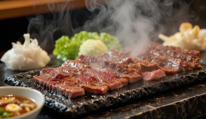 A close-up of sizzling Korean BBQ, with thinly sliced marinated beef (bulgogi) grilling on a black iron plate, smoke rising, and a side of fresh lettuce leaves, garlic slices
