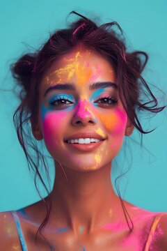 a portrait of a girl, young woman, a celebration of colors holi