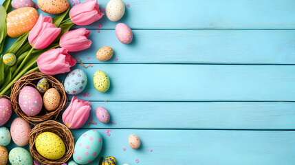 Easter Painted eggs, tulips and nests decorate light blue wooden surface