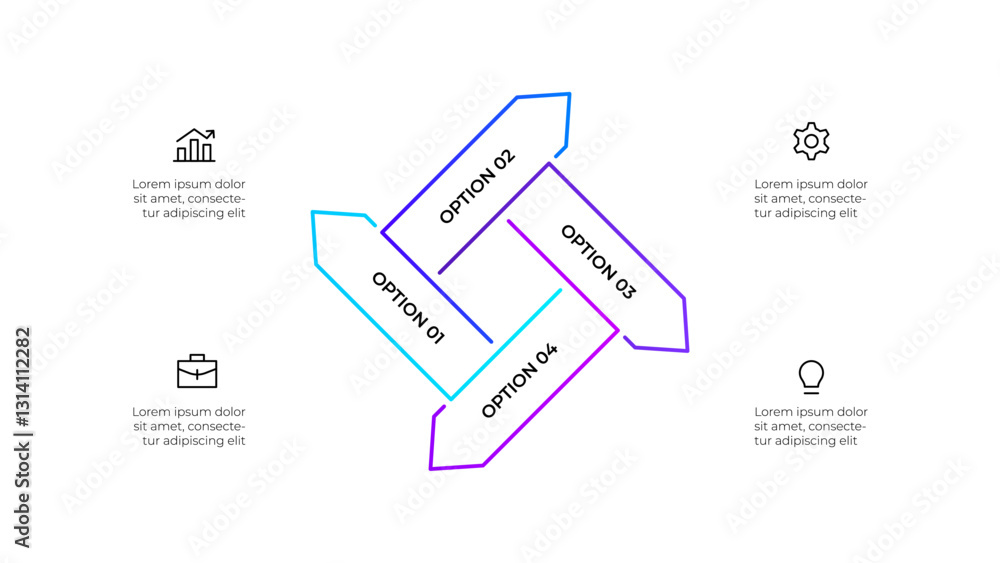 Poster outline arrows infographic arranged in a circular cascading layout, highlighting 4 options. ideal fo