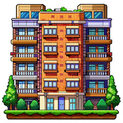 Modern Apartment Building with Greenery and Brick Facade Illustration