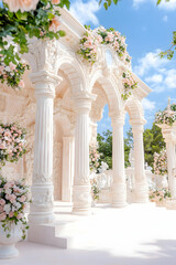 Naklejka premium Elaborate structure adorned with roses, intricate arches, columns, under blue sky creating romantic ambiance