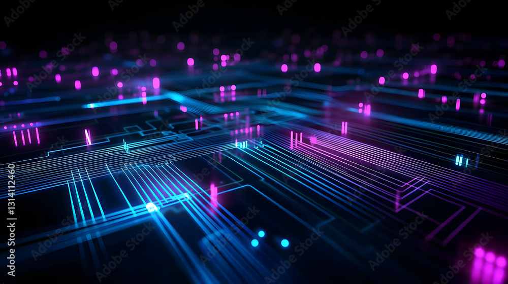 Poster Futuristic Circuit Board With Glowing Blue And Purple Lights On A Dark Background Digital Data Flow In A Technological Network Modern Abstract Design With Lines Patterns And Grids