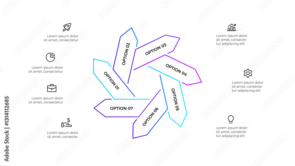 Poster Outline arrows infographic arranged in a circular cascading layout, highlighting 7 options. Ideal for presentations, business strategy visualizations, or educational materials