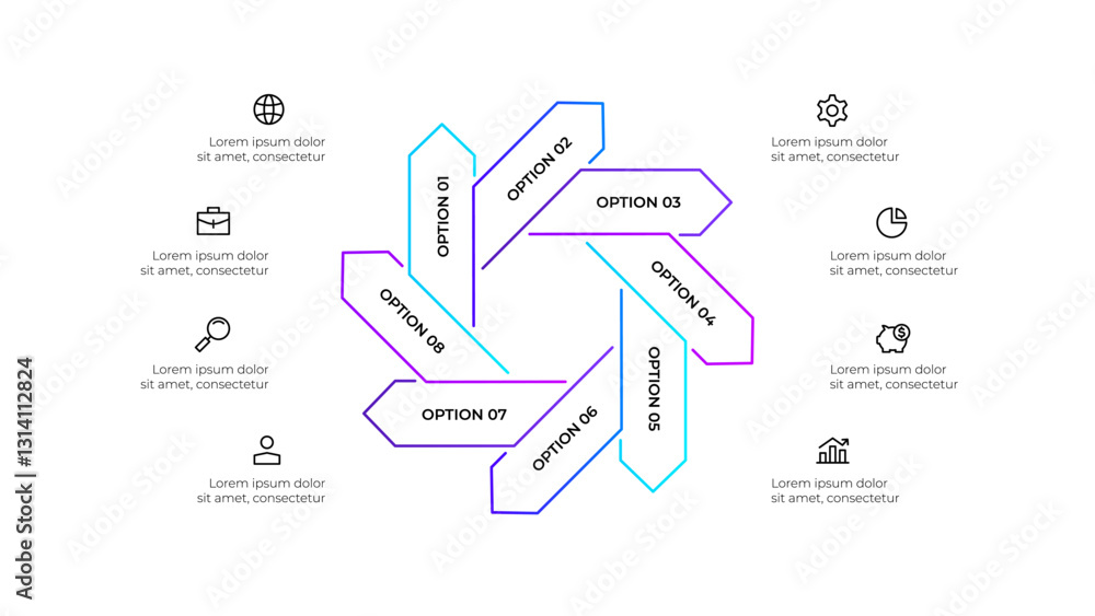 Poster Outline arrows infographic arranged in a circular cascading layout, highlighting 8 options. Ideal for presentations, business strategy visualizations, or educational materials